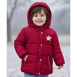 Babyhug Woven Full Sleeves Hooded Coat with Glittery Star Print - Maroon