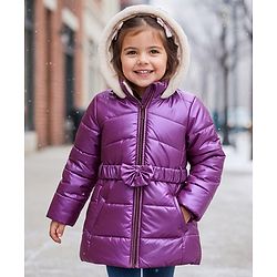 Babyhug Woven Full Sleeves Knee Length Hooded Padded Jacket with Bow Applique - Purple