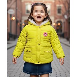 Babyhug Woven Full Raglan Sleeves Hooded Padded Jacket With Floral Applique - Lime Green