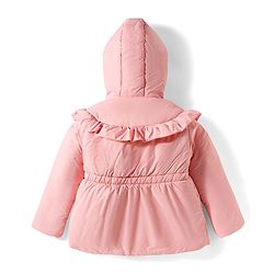 Babyhug Woven Full Sleeves Hooded Jacket with Frill Detailing Cinched Waist & Kitty Applique - Pink