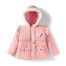 Babyhug Woven Full Sleeves Hooded Jacket with Frill Detailing Cinched Waist & Kitty Applique - Pink