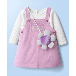 Babyhug Cotton Woven Full Sleeves Frock With Polka Dot Printed Inner Tee & Sling Bag - Lavender