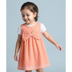 Babyhug Cotton Woven Half Sleeves Frock With Inner Tee & Polka Dot Print - Peach