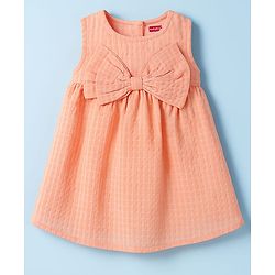 Babyhug Cotton Woven Half Sleeves Frock With Inner Tee & Polka Dot Print - Peach