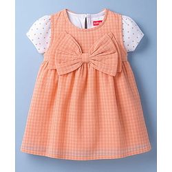 Babyhug Cotton Woven Half Sleeves Frock With Inner Tee & Polka Dot Print - Peach