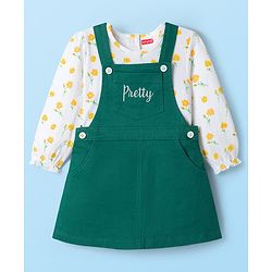 Babyhug Cotton Woven Frock & Full Sleeves Inner Tee With Floral Print & Embroidery Detailing - Green