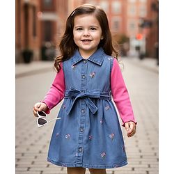 Babyhug Cotton Woven Floral Embroidered Frock With Full Sleeves Inner Tee & Belt  - Pink & Blue