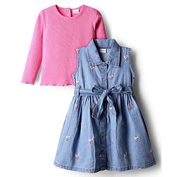 Babyhug Cotton Woven Floral Embroidered Frock With Full Sleeves Inner Tee & Belt  - Pink & Blue