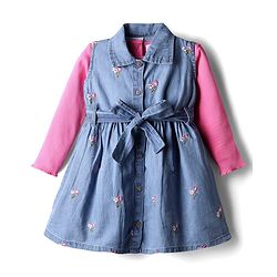 Babyhug Cotton Woven Floral Embroidered Frock With Full Sleeves Inner Tee & Belt  - Pink & Blue