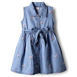 Babyhug Cotton Woven Floral Embroidered Frock With Full Sleeves Inner Tee & Belt  - Pink & Blue