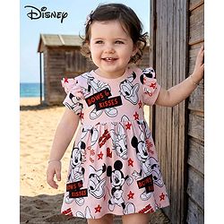 Babyhug Disney Single Jersey Knit Half Sleeves Frock With Minnie Mouse & Friends Graphics & Frill Detailing - Pink