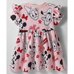 Babyhug Disney Single Jersey Knit Half Sleeves Frock With Minnie Mouse & Friends Graphics & Frill Detailing - Pink
