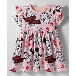 Babyhug Disney Single Jersey Knit Half Sleeves Frock With Minnie Mouse & Friends Graphics & Frill Detailing - Pink