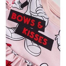 Babyhug Disney Single Jersey Knit Half Sleeves Frock With Minnie Mouse & Friends Graphics & Frill Detailing - Pink
