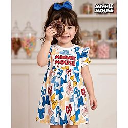 Babyhug Disney Single Jersey Knit Half Sleeves Frock With Minnie Mouse & Friends Graphics & Frill Detailing - White