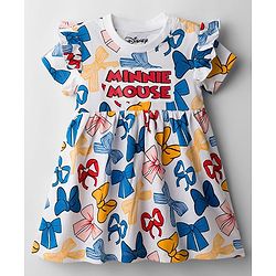 Babyhug Disney Single Jersey Knit Half Sleeves Frock With Minnie Mouse & Friends Graphics & Frill Detailing - White