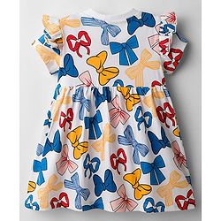 Babyhug Disney Single Jersey Knit Half Sleeves Frock With Minnie Mouse & Friends Graphics & Frill Detailing - White