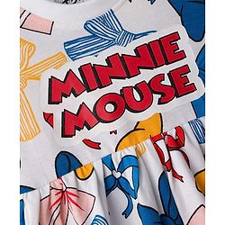 Babyhug Disney Single Jersey Knit Half Sleeves Frock With Minnie Mouse & Friends Graphics & Frill Detailing - White