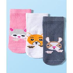 Cute Walk by Babyhug Knit Anti Bacterial Ankle Length Socks With Animal Design Pack of 3 - Multicolor
