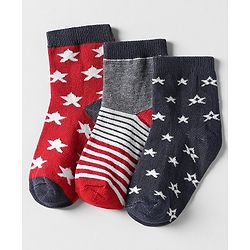 Cutewalk by Babyhug Ankle Length Anti-Bacterial Socks with Star Design & Stripes Pack of 3 - Navy Blue & Red