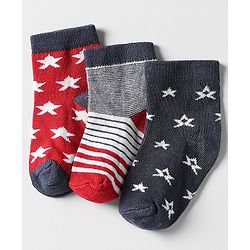 Cutewalk by Babyhug Ankle Length Anti-Bacterial Socks with Star Design & Stripes Pack of 3 - Navy Blue & Red