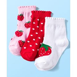Cute Walk by Babyhug Knit Anti Bacterial Ankle Length Socks With Polka Dot & Strawberry Design Pack of 3 - Multicolor