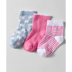 Cute Walk by Babyhug Knit Anti Bacterial Ankle Length Socks With Stripes & Floral Design Pack of 3 - Multicolor