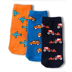 Cute Walk by Babyhug Knit Anti Bacterial Ankle Length Socks With Vehicle Design Pack of 3 - Multicolor