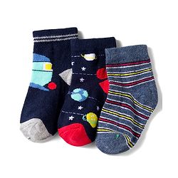 Cute Walk by Babyhug Knit Anti Bacterial Ankle Length Socks With Stripes & Space Theme Design Pack of 3 - Multicolor