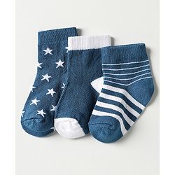 Cutewalk by Babyhug Ankle Length Anti-Bacterial Socks with Star Design & Stripes Pack of 3 - Navy Blue