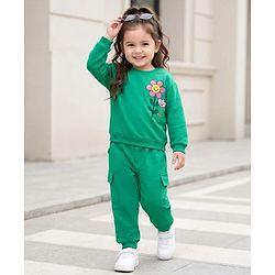 Babyhug Knit Premium Light Gauge 100% Cotton Terry Full Sleeves Top and Joggers Set With Front & Back Floral Print - Green