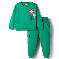 Babyhug Knit Premium Light Gauge 100% Cotton Terry Full Sleeves Top and Joggers Set With Front & Back Floral Print - Green
