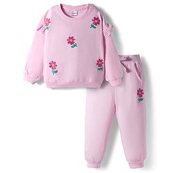 Babyhug Knit Premium Light Gauge Terry Full Sleeves Top and Joggers Set with Floral Embroidery - Pink