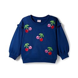 Babyhug Knit Premium Light Gauge Terry Full Sleeves Top & Lounge Pant Set with Cherry Embroidery - Navy Blue