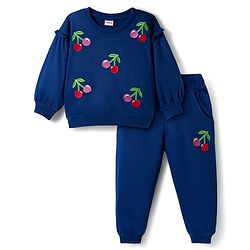 Babyhug Knit Premium Light Gauge Terry Full Sleeves Top & Lounge Pant Set with Cherry Embroidery - Navy Blue