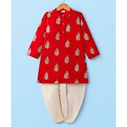 Babyhug Velvet Woven Full Sleeves Kurta Dhoti Set with Embroidery & Sequin Detailing - Red