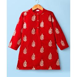 Babyhug Velvet Woven Full Sleeves Kurta Dhoti Set with Embroidery & Sequin Detailing - Red