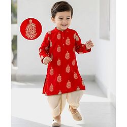 Babyhug Velvet Woven Full Sleeves Kurta Dhoti Set with Embroidery & Sequin Detailing - Red