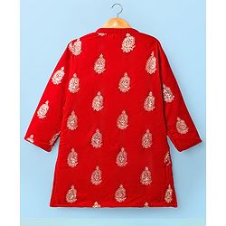 Babyhug Velvet Woven Full Sleeves Kurta Dhoti Set with Embroidery & Sequin Detailing - Red