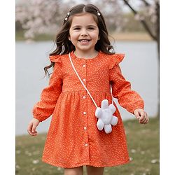 Babyhug Cotton Woven With Full Sleeves Front Open Frock & Sling With Polka Dot - Orange