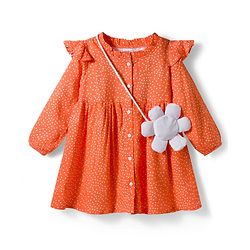 Babyhug Cotton Woven With Full Sleeves Front Open Frock & Sling With Polka Dot - Orange