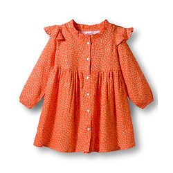 Babyhug Cotton Woven With Full Sleeves Front Open Frock & Sling With Polka Dot - Orange