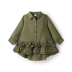 Babyhug Cotton Woven Full Sleeves Frock With Pearl Embellished Leggings & Frill Detailing - Olive Green & White