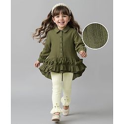 Babyhug Cotton Woven Full Sleeves Frock With Pearl Embellished Leggings & Frill Detailing - Olive Green & White