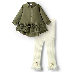 Babyhug Cotton Woven Full Sleeves Frock With Pearl Embellished Leggings & Frill Detailing - Olive Green & White