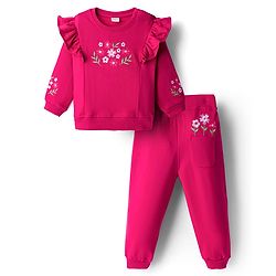 Babyhug Knit Premium Light Gauge 100% Cotton Terry Full Sleeves Top & Lounge Pant Co-ord Set With Floral Embroidery - Fuchsia