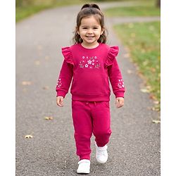 Babyhug Knit Premium Light Gauge 100% Cotton Terry Full Sleeves Top & Lounge Pant Co-ord Set With Floral Embroidery - Fuchsia