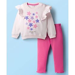 Babyhug Knit Premium Light Gauge Terry Full Sleeves Top and Lounge Pant Set With Stars Print & Frill Detailing - Pink