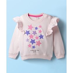 Babyhug Knit Premium Light Gauge Terry Full Sleeves Top and Lounge Pant Set With Stars Print & Frill Detailing - Pink