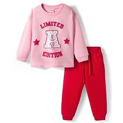 Babyhug Knit Premium Light Gauge Terry Full Sleeves Top & Pant Set With Text Print - Pink & Red